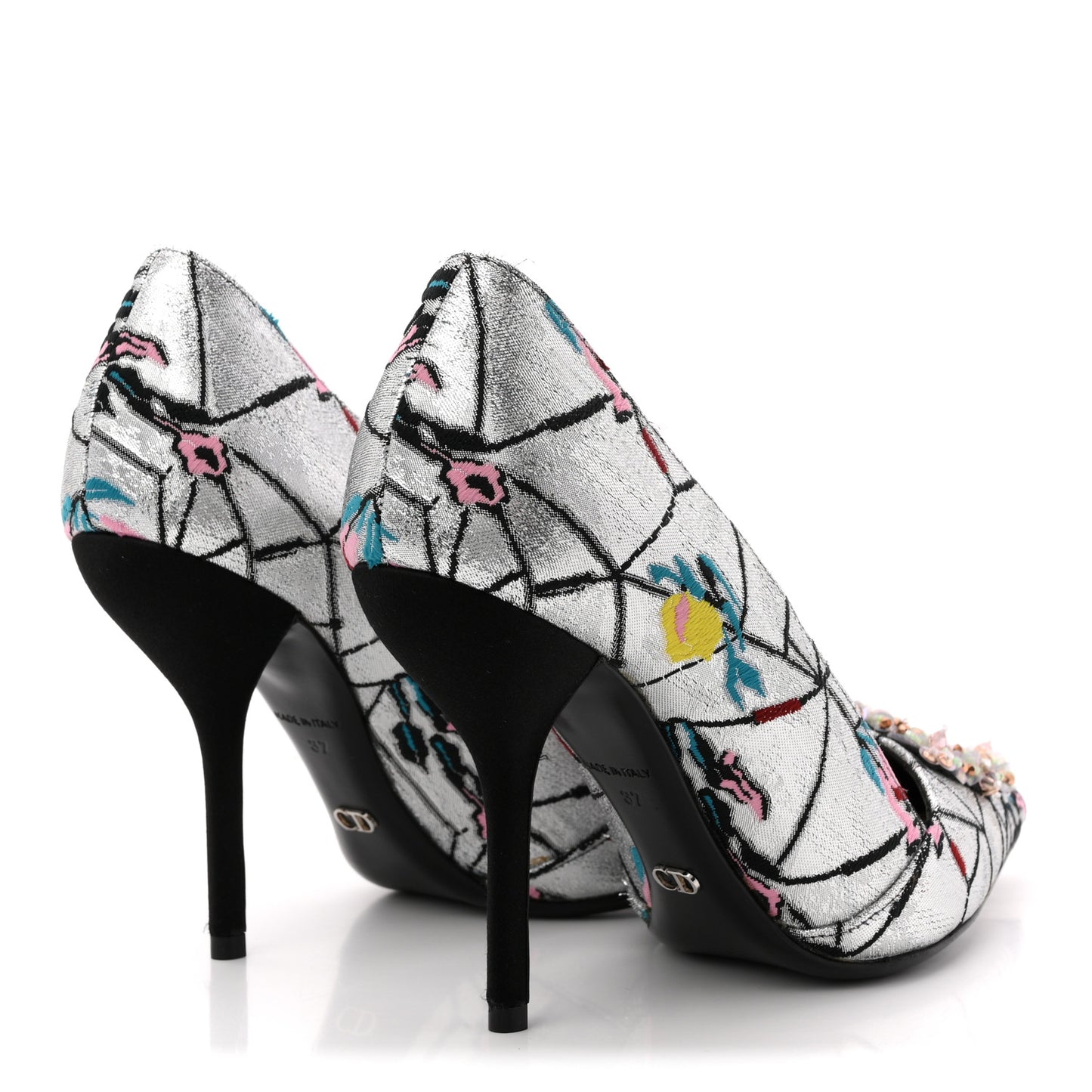 Lurex Embroidered Floral Pointed Toe Pumps 37 Silver Multicolor
