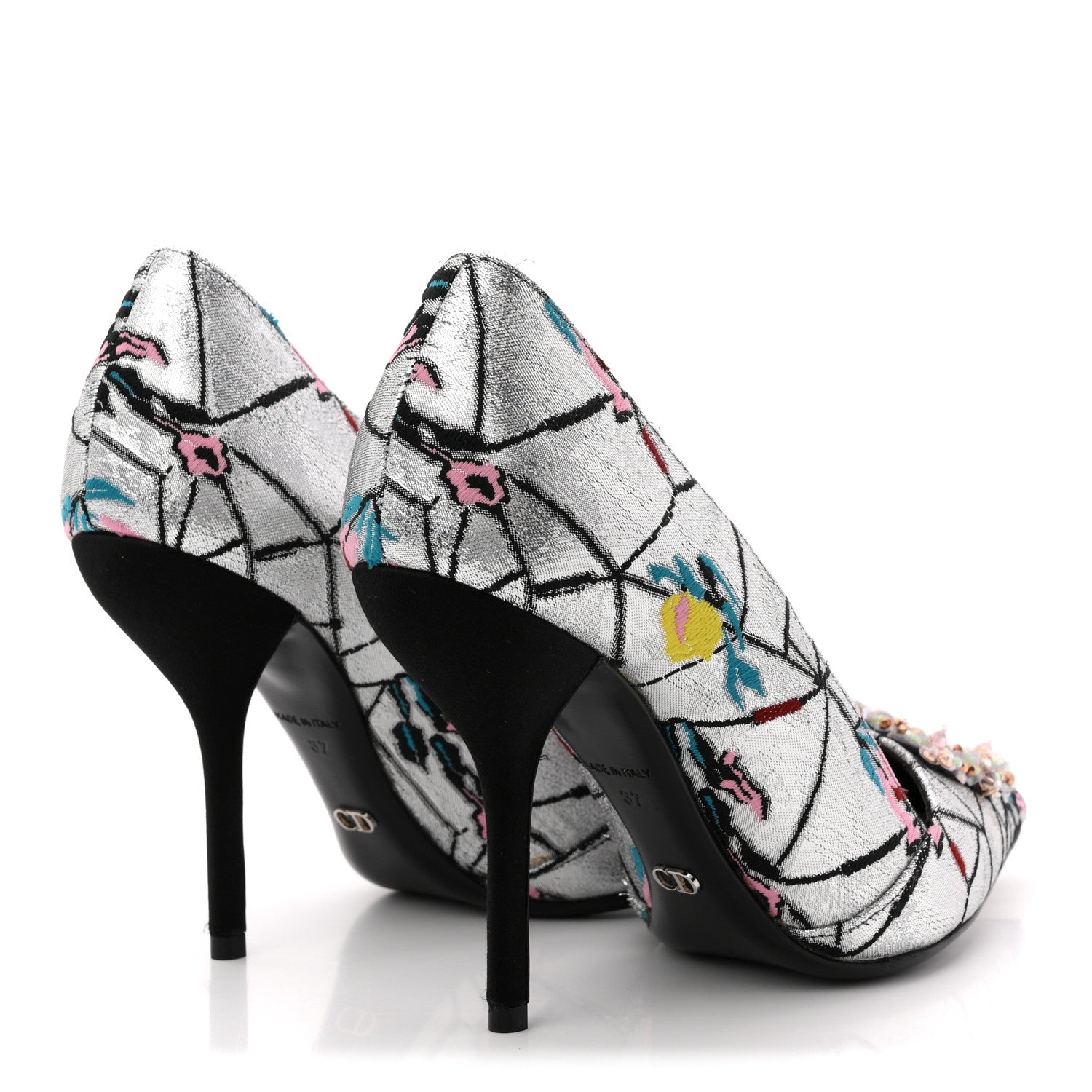 Christian Dior Lurex Embroidered Floral Pointed Toe Pumps 37 Silver Multicolor 5 of 12