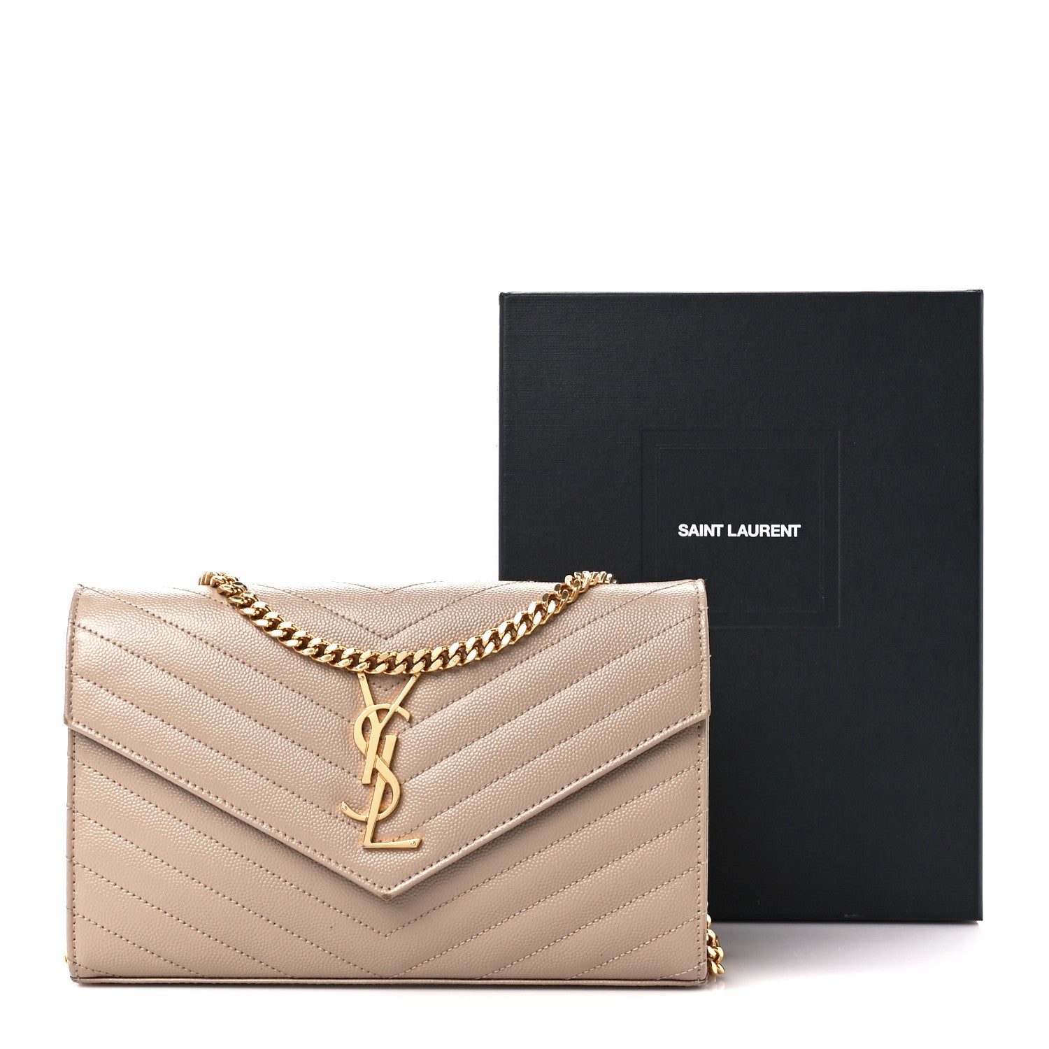Saint Laurent Grain De Poudre Matelasse Chevron Monogram Chain Wallet Dark Beige 13 of 14