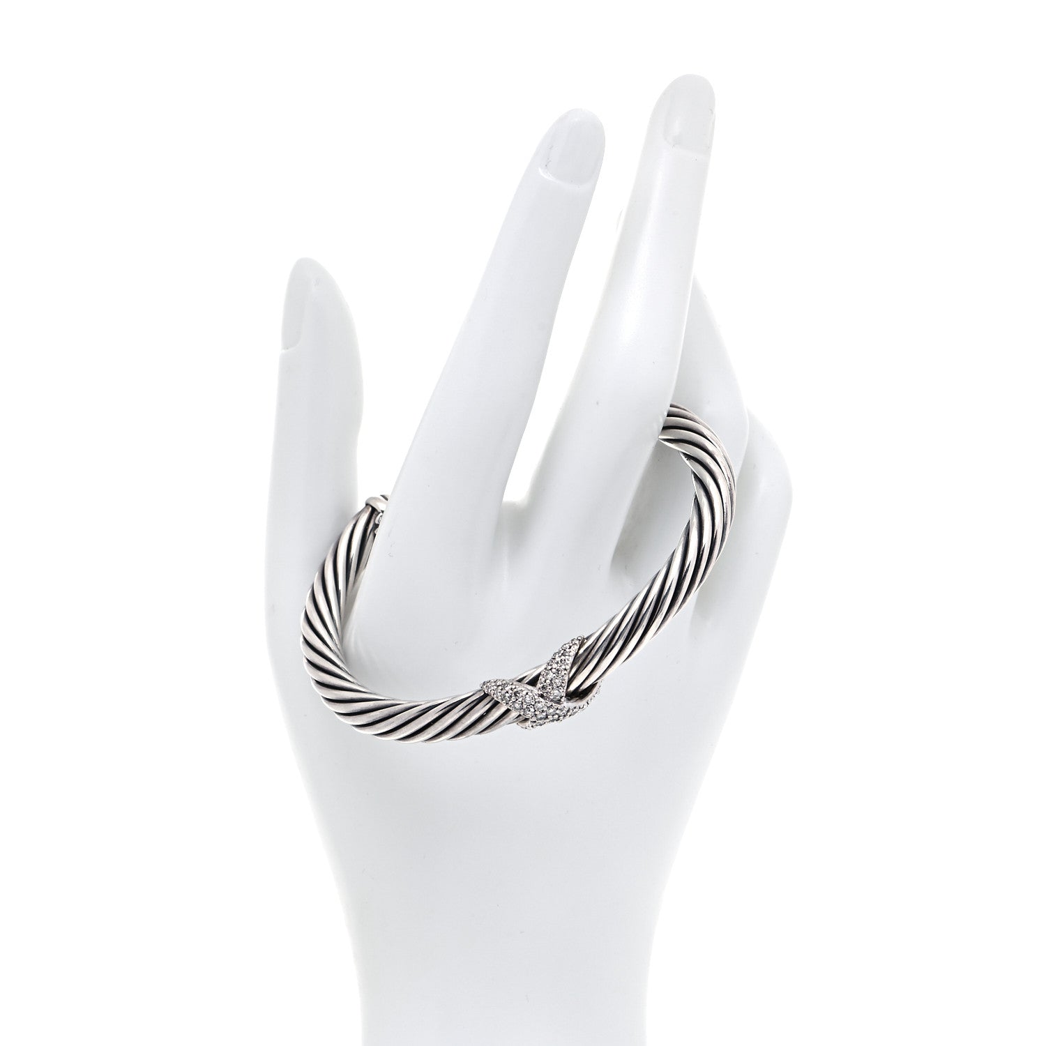 David Yurman Sterling Silver 18K White Gold Diamond Pave 7mm X Cable Bracelet 2 of 5