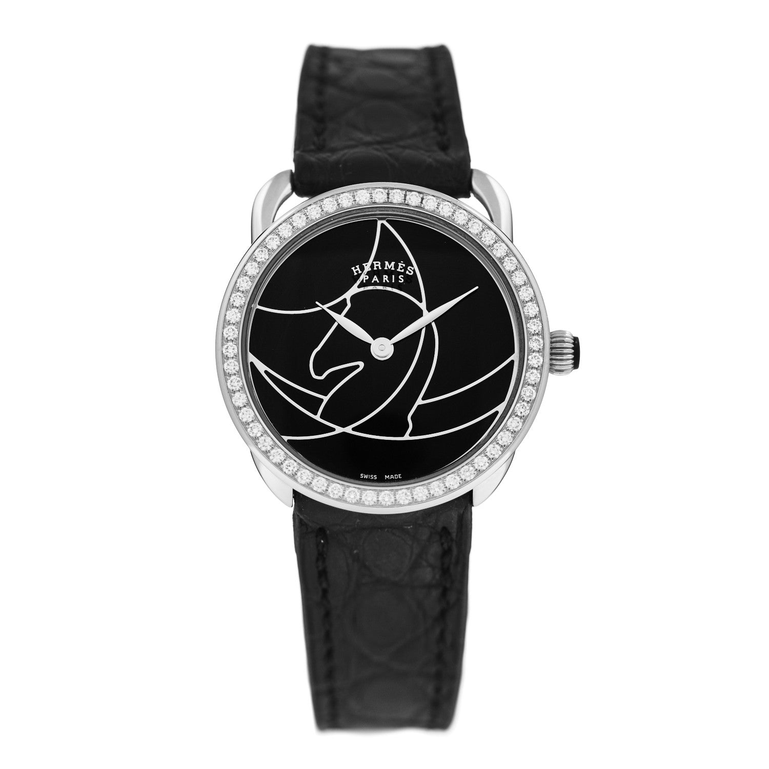 Hermes Stainless Steel Alligator Diamond 28mm Arceau Cavales Quartz Watch Noir 1 of 5