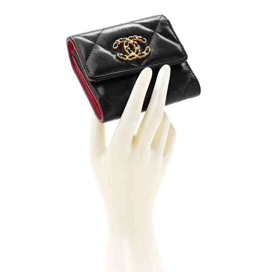 Goatskin Quilted Chanel 19 Small Flap Wallet Black