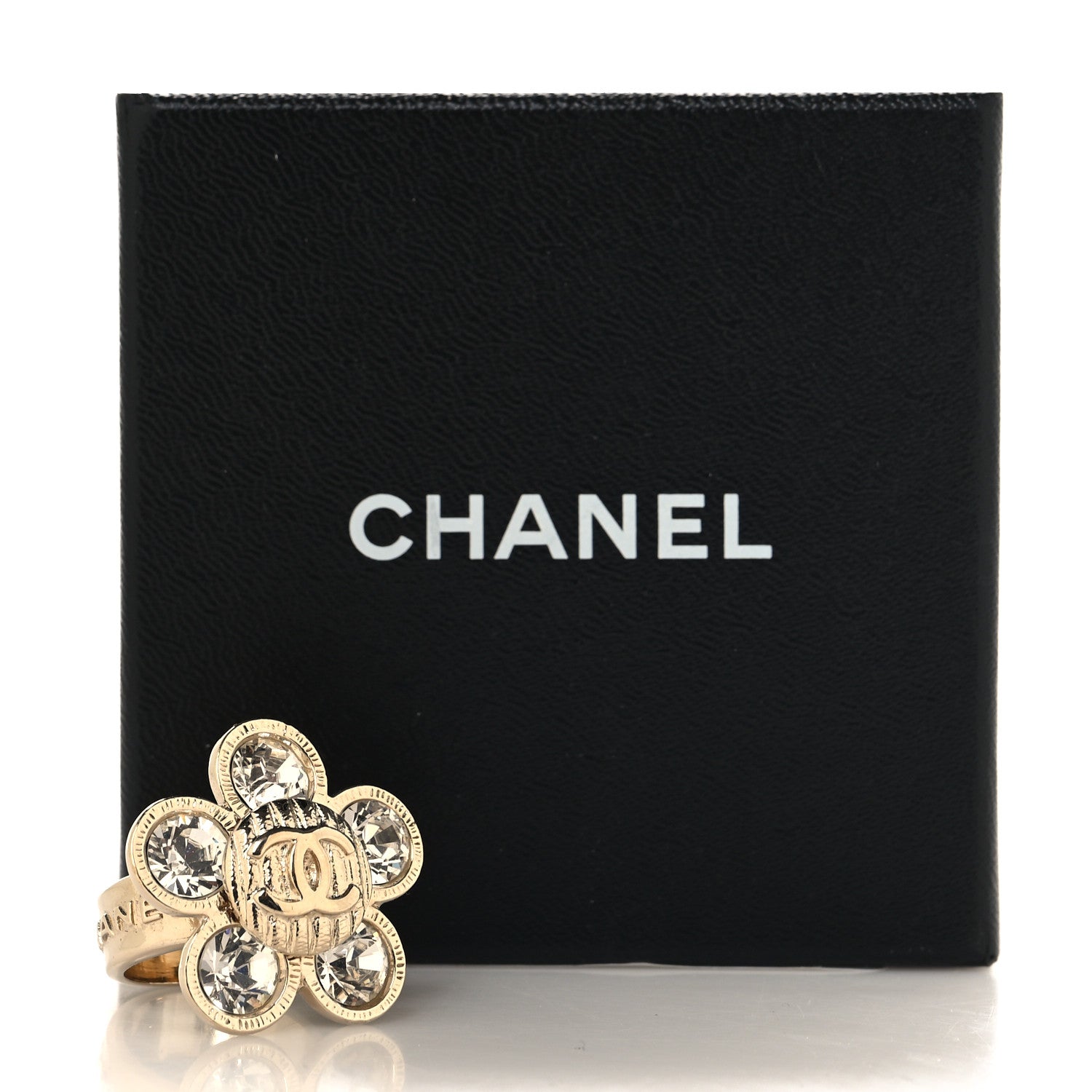 Chanel Metal Crystal CC Camellia Ring 53 6.25 Gold 5 of 5