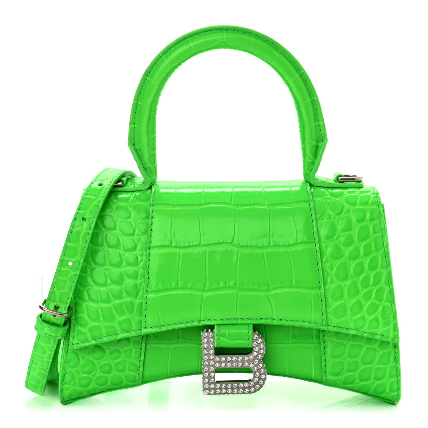 Shiny Calfskin Strass Crocodile Embossed Hourglass Top Handle Bag XS Fluo Green
