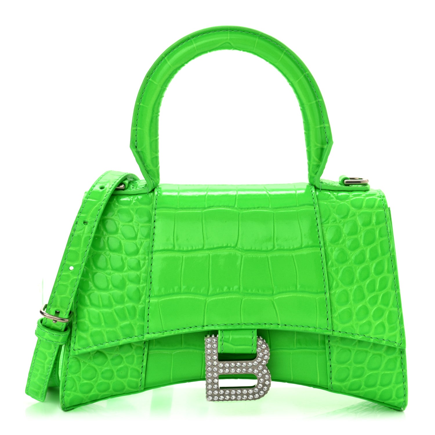 Balenciaga Shiny Calfskin Strass Crocodile Embossed Hourglass Top Handle Bag XS Fluo Green 1 of 10