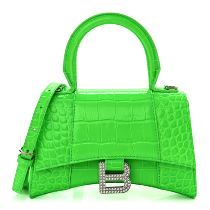 Balenciaga Shiny Calfskin Strass Crocodile Embossed Hourglass Top Handle Bag XS Fluo Green 1 of 10
