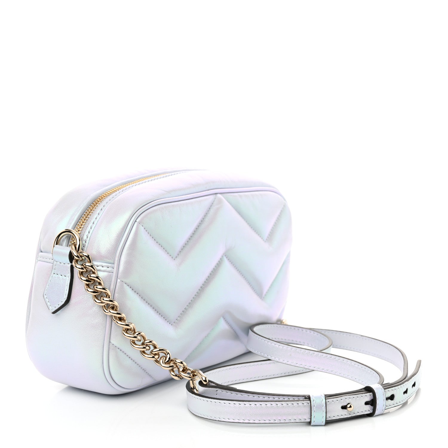 Gucci Iridescent Nappa Chevron Matelasse Small GG Marmont Chain Shoulder Bag Iridescent Snow Light Blue 3 of 12