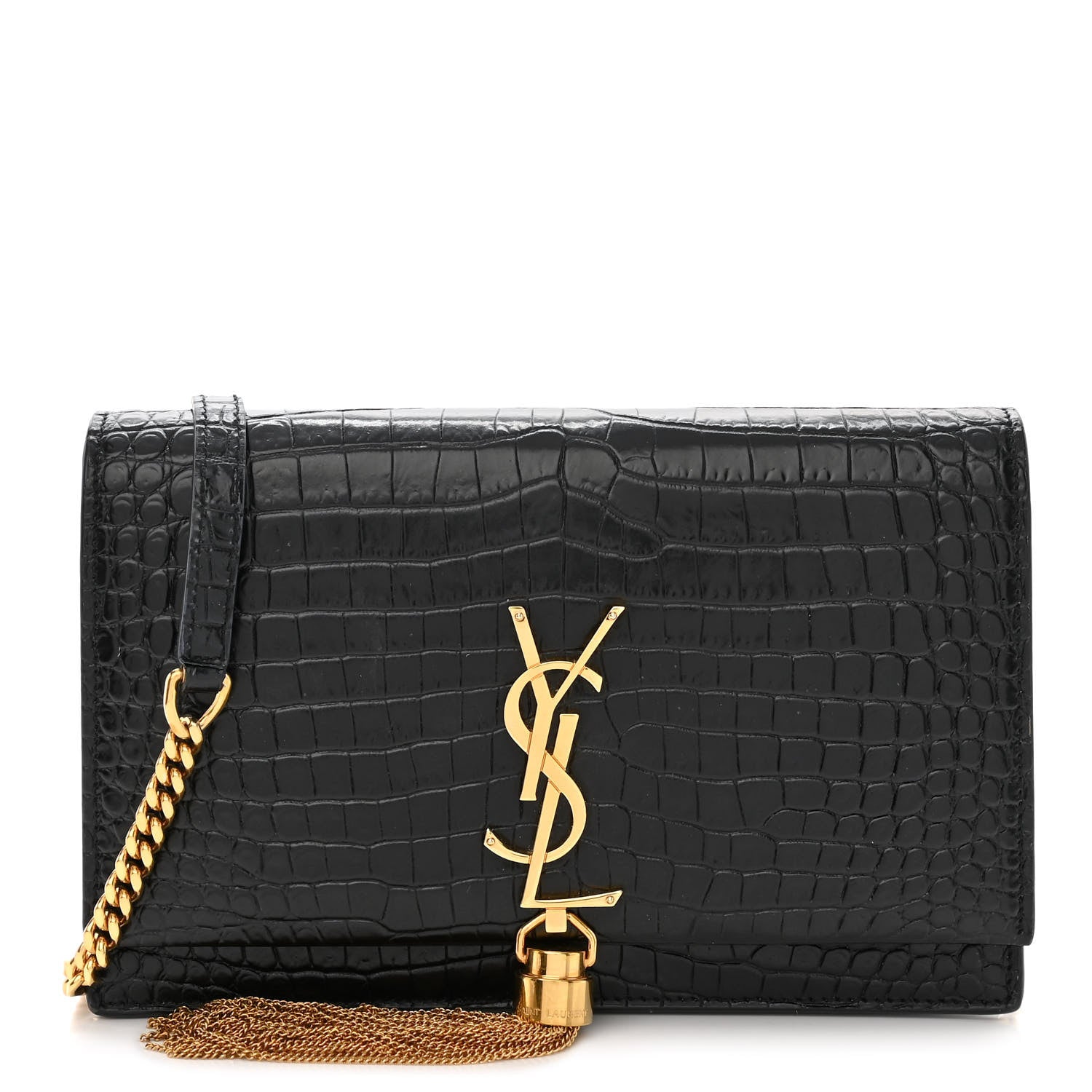 Saint Laurent Calfskin Crocodile Embossed Kate Monogram Tassel Chain Wallet Black 1 of 10