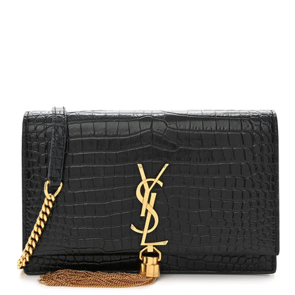 Saint Laurent Calfskin Crocodile Embossed Kate Monogram Tassel Chain Wallet Black 1 of 10