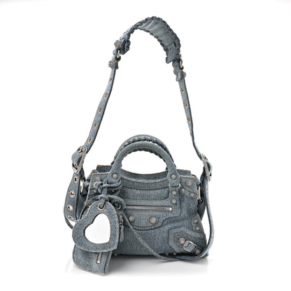 Balenciaga Washed Frayed Denim Crystal Neo Cagole Handbag XS Blue 1 of 9