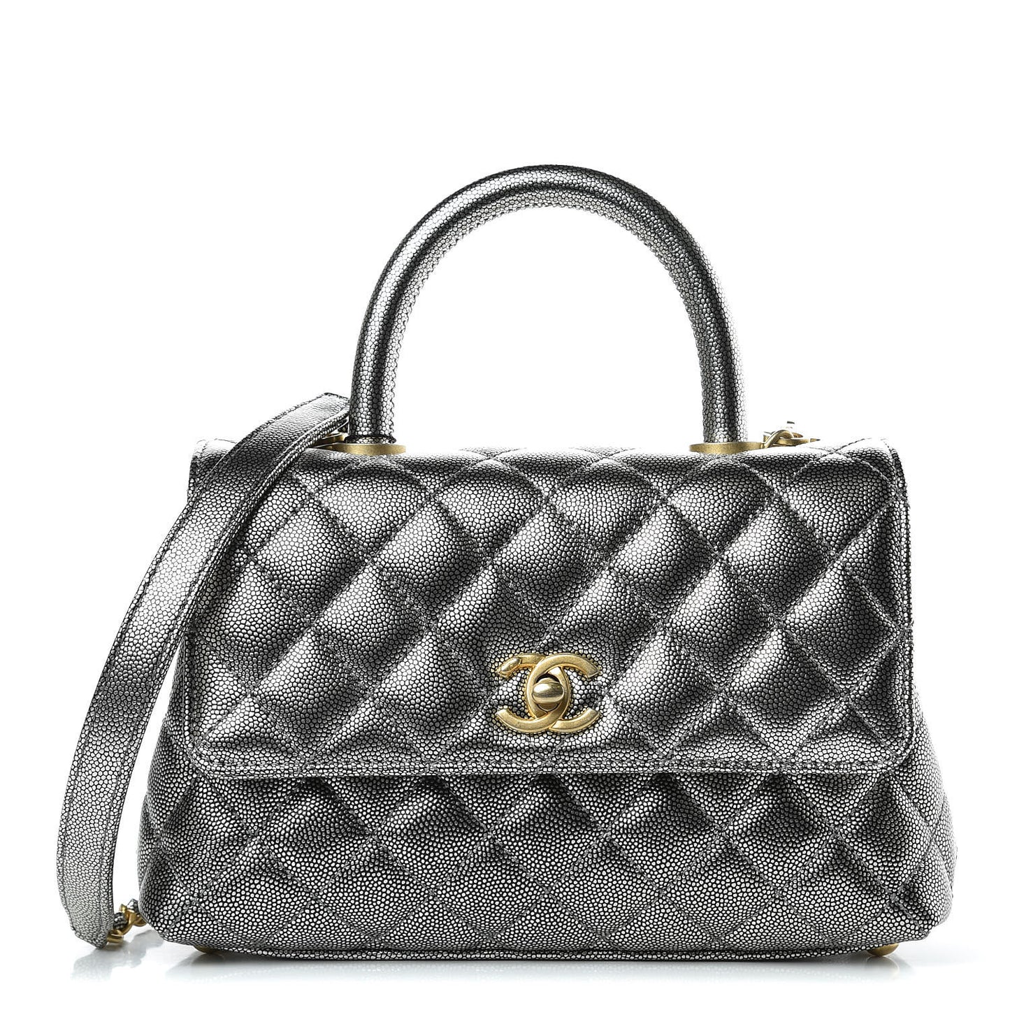 Metallic Caviar Quilted Mini Coco Handle Flap Silver