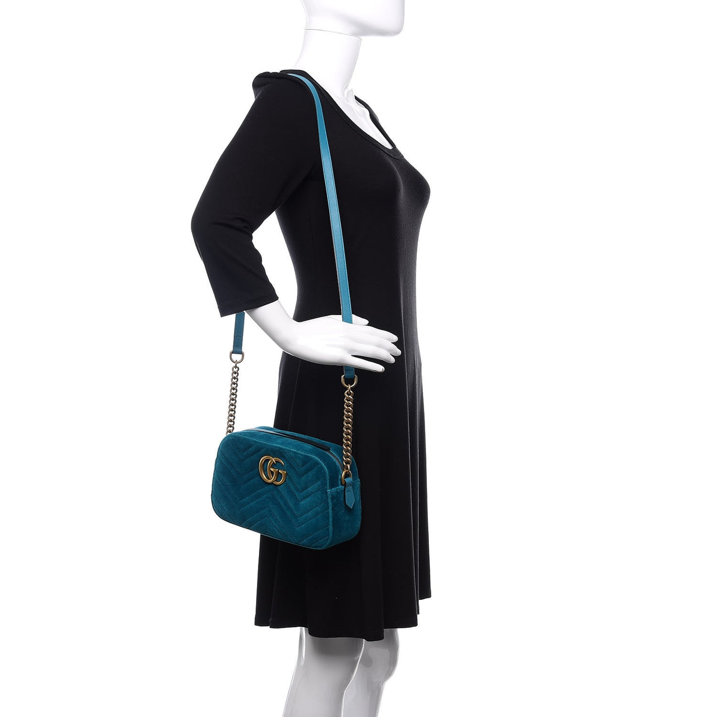 Velvet Matelasse Small GG Marmont Chain Shoulder Bag Pavone Cyan