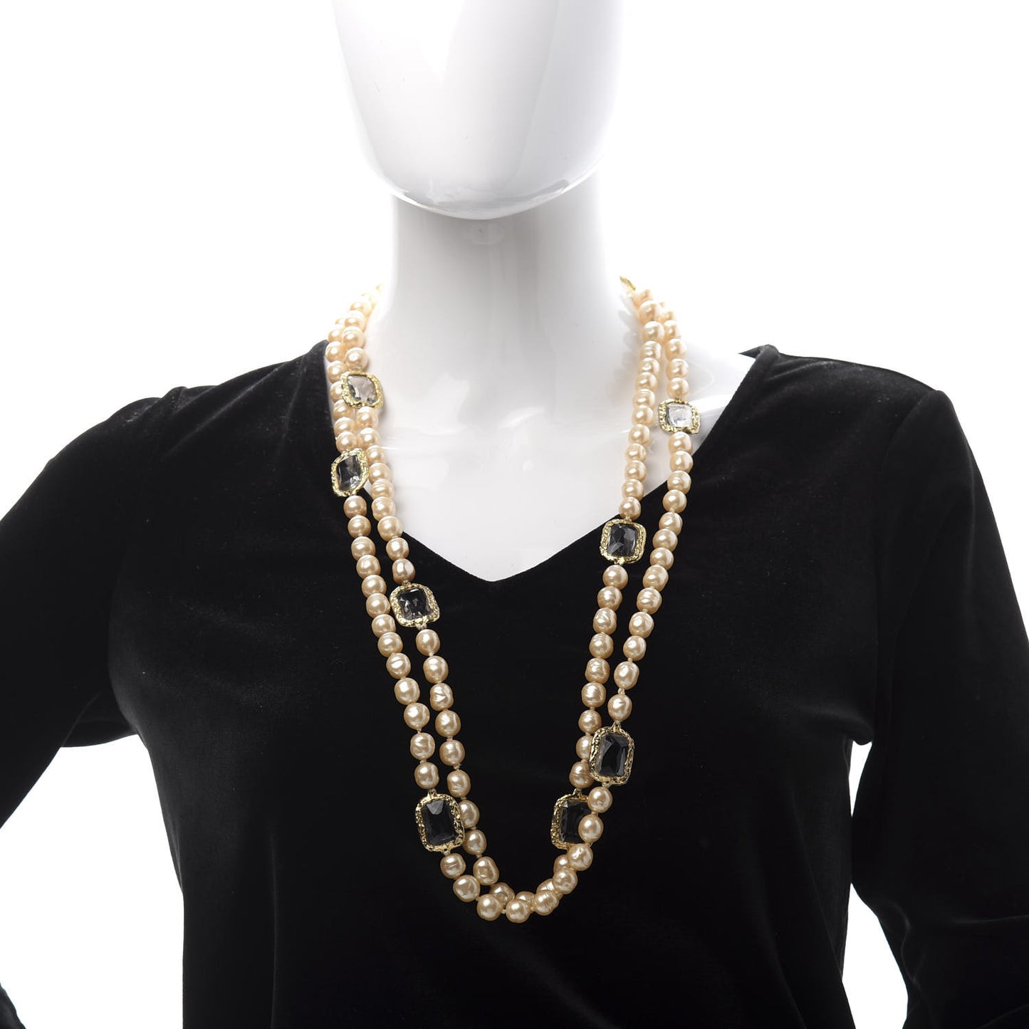 Pearl Swarovski Crystal Chicklet Sautoir Necklace Gold