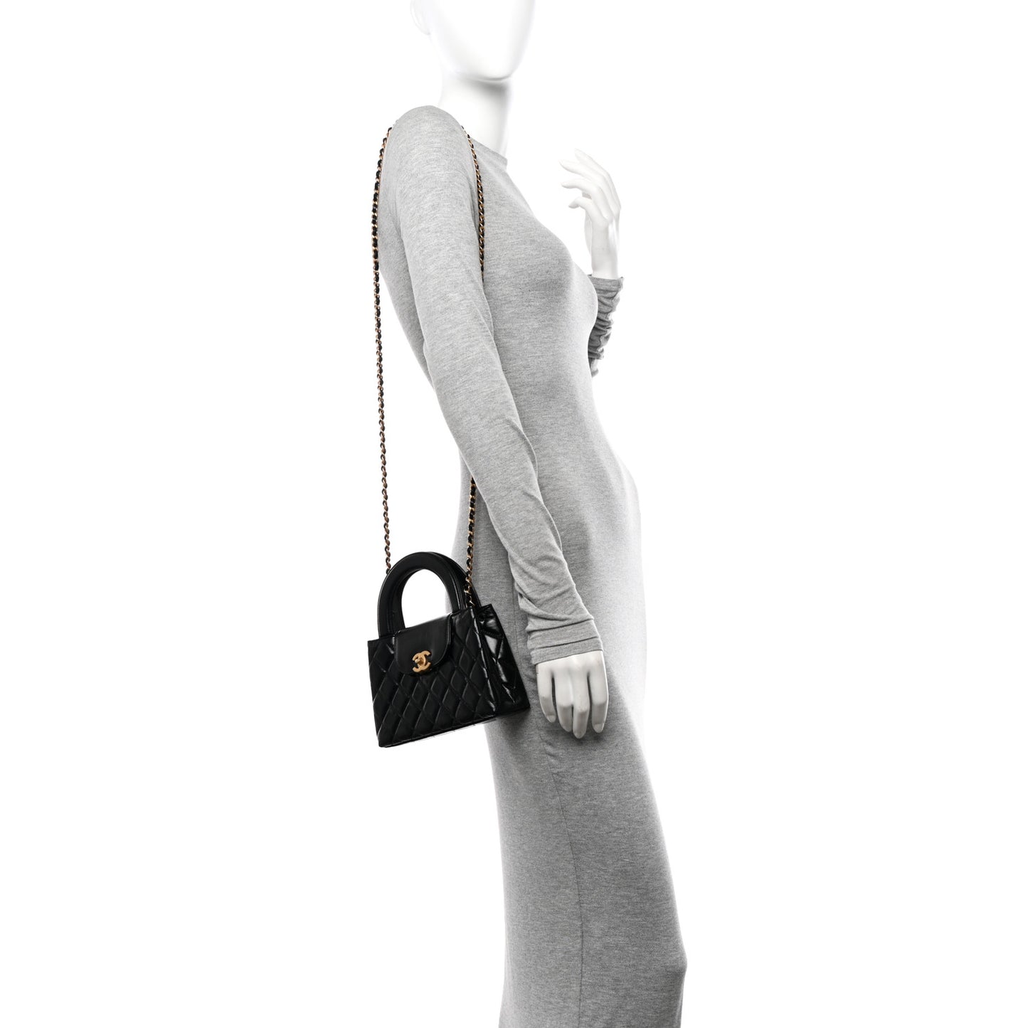 Shiny Aged Calfskin Quilted Nano Kelly Shopper Black