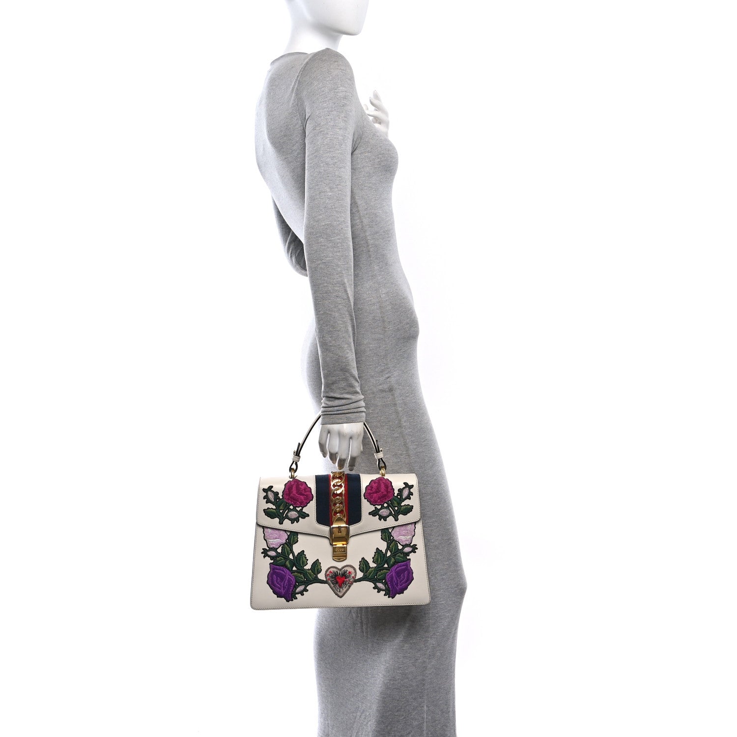 Gucci Calfskin Embroidered Medium Sylvie Top Handle Bag White 2 of 10