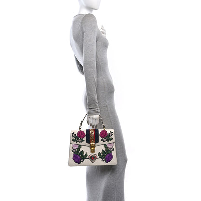 Gucci Calfskin Embroidered Medium Sylvie Top Handle Bag White 2 of 10