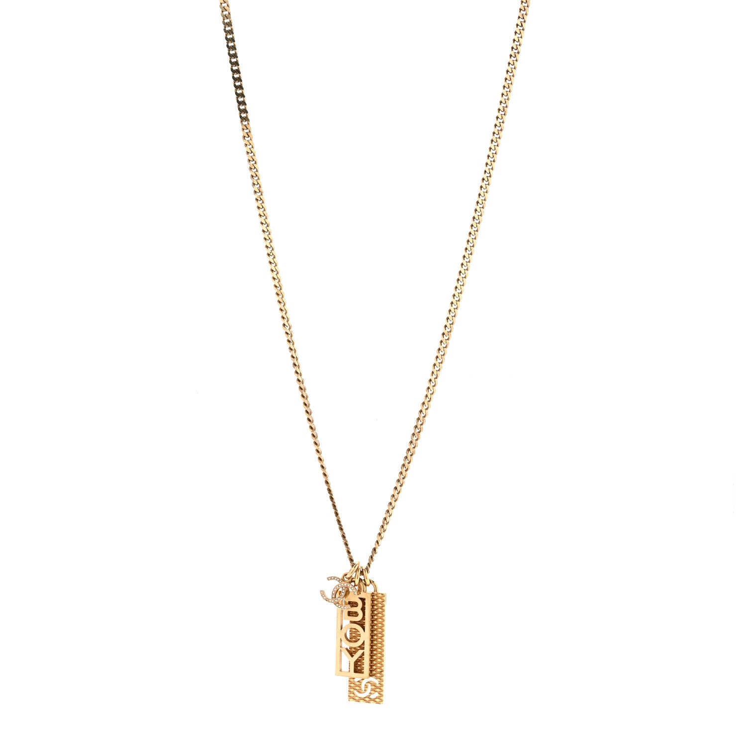 Chanel Metal Crystal CC Boy Pendant Long Necklace Gold 1 of 7
