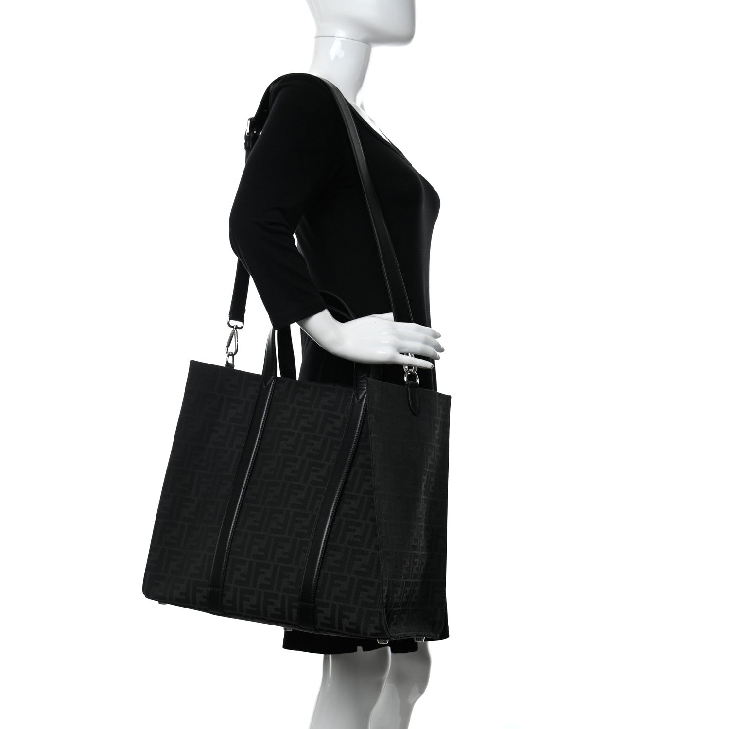 Fendi Recycled Fabric Jacquard Vitello Astro FF 1974 Shopping Tote Asfalto Black 2 of 11