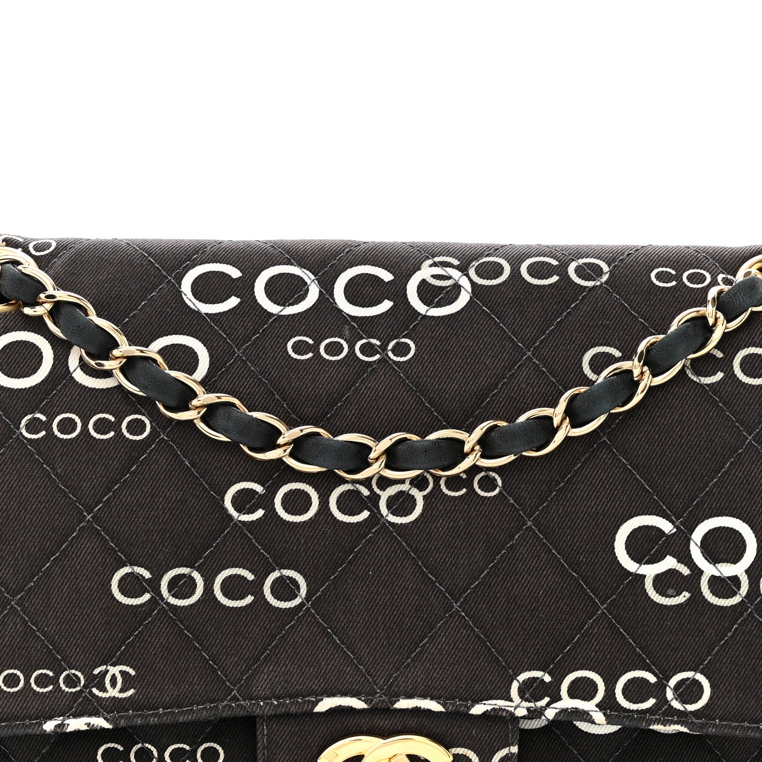 Chanel Canvas Coco Printed Quilted Medium Double Flap Black White 8 of 14