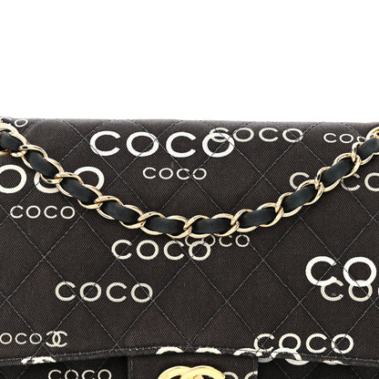 Chanel Canvas Coco Printed Quilted Medium Double Flap Black White 8 of 14