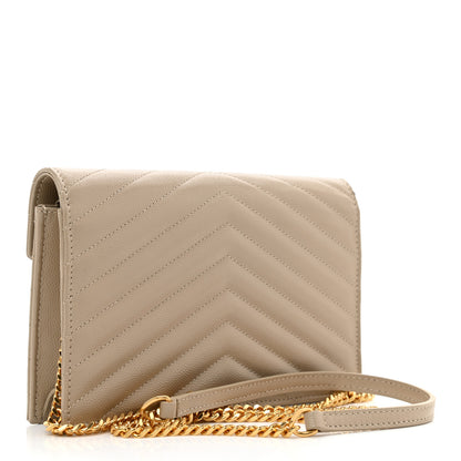 Saint Laurent Grain De Poudre Matelasse Chevron Monogram Envelope Chain Wallet Dark Beige 3 of 8