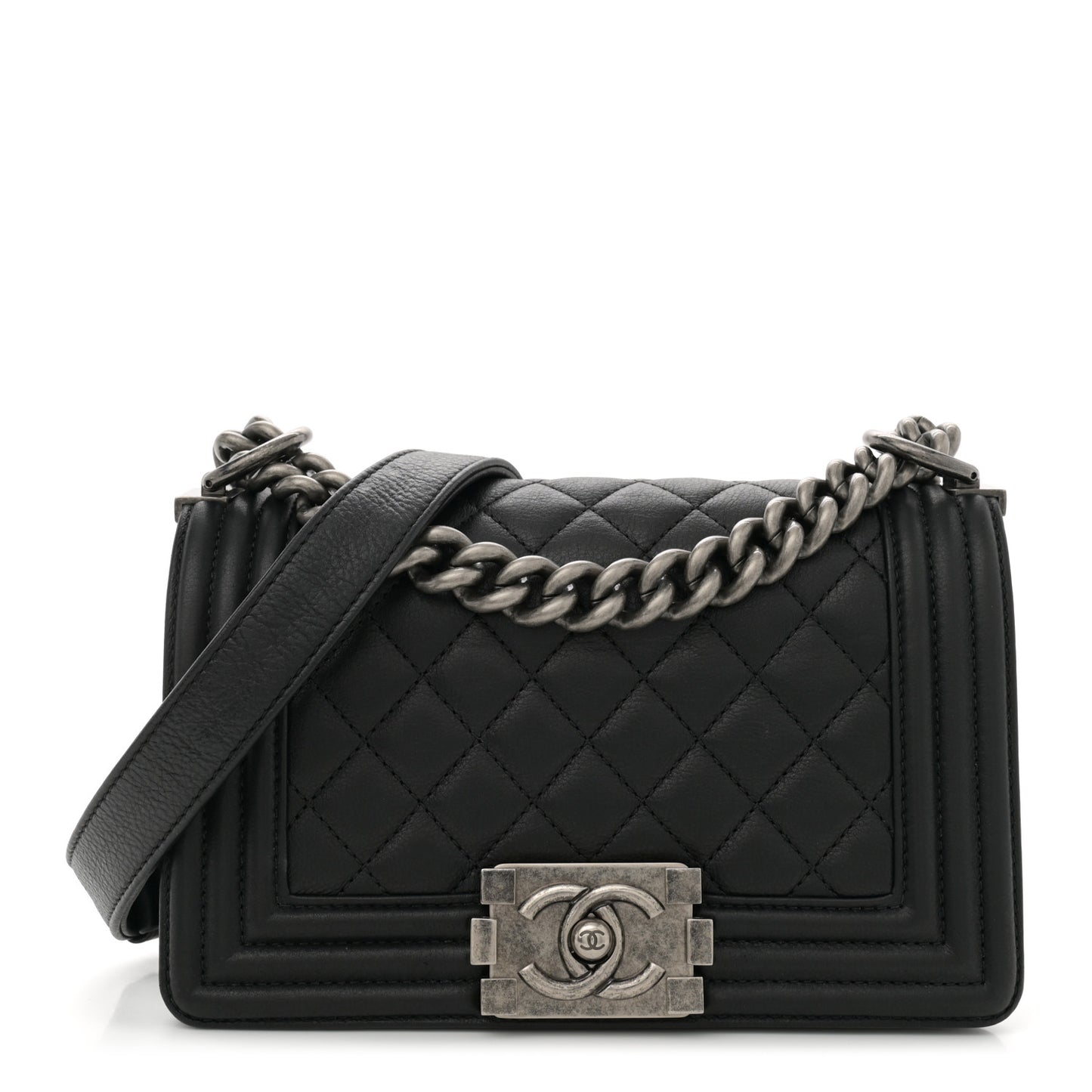 Calfskin Quilted Small Boy Flap Black