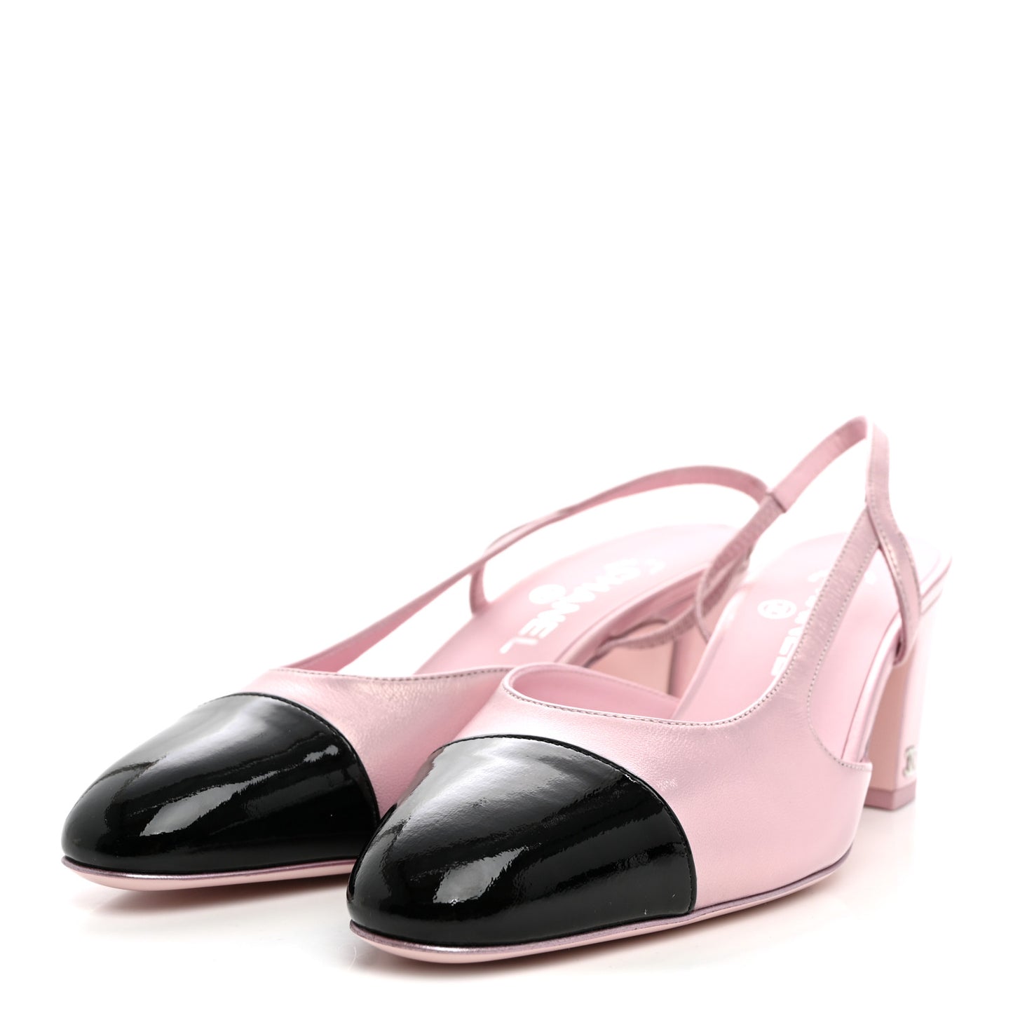 Laminated Lambskin Patent Cap Toe CC Slingback Pumps 39.5 Light Pink Black