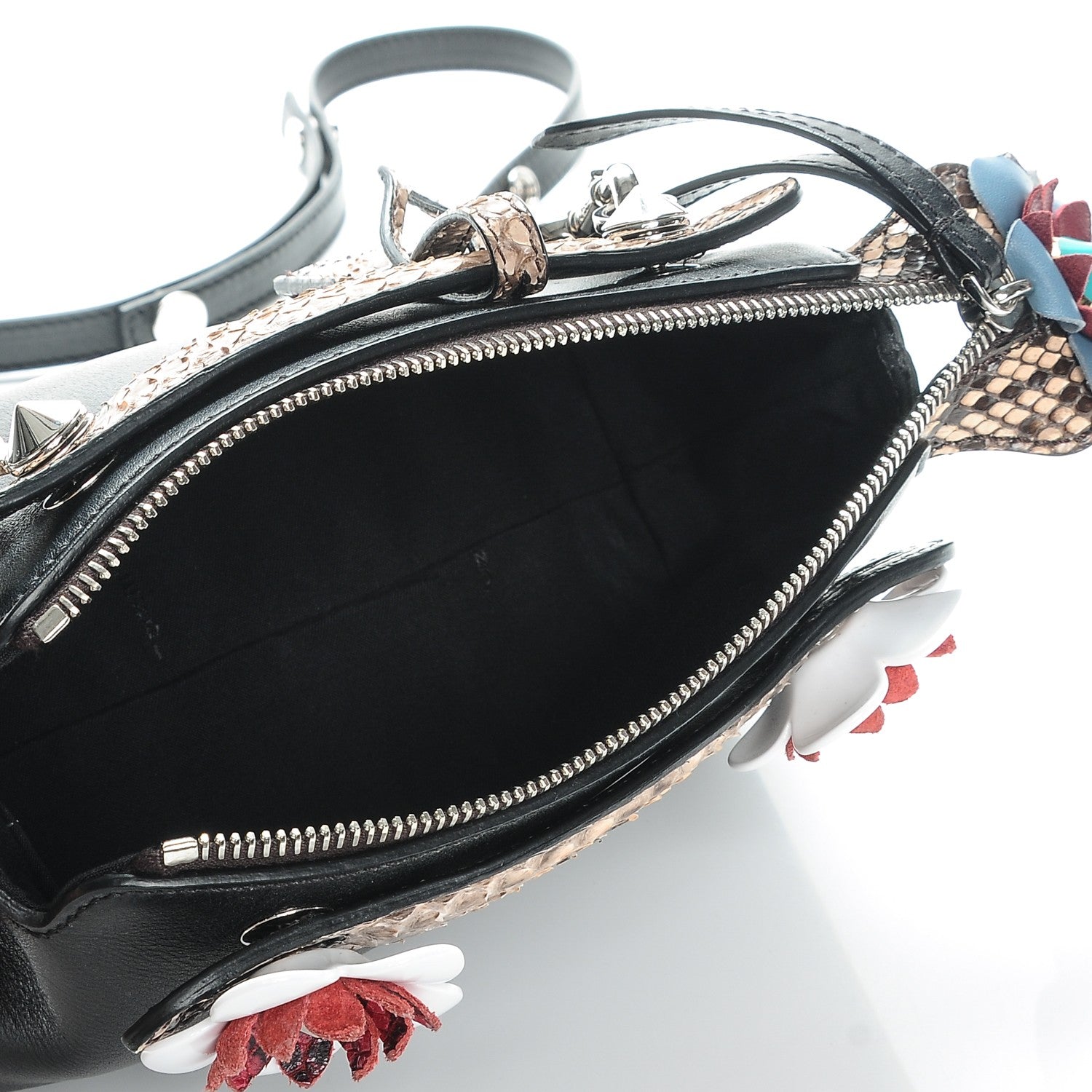 Fendi Vitello Dolce Snakeskin Nappa Croc Tail Flowerland Studded Mini By The Way Boston Bag Black Natural Multicolor 7 of 7