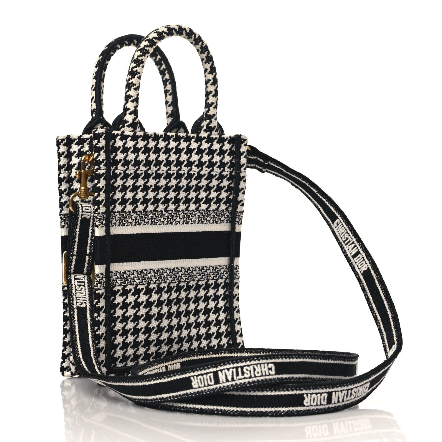 Christian Dior Canvas Houndstooth Embroidered Mini Book Tote Phone Bag Black White 2 of 8