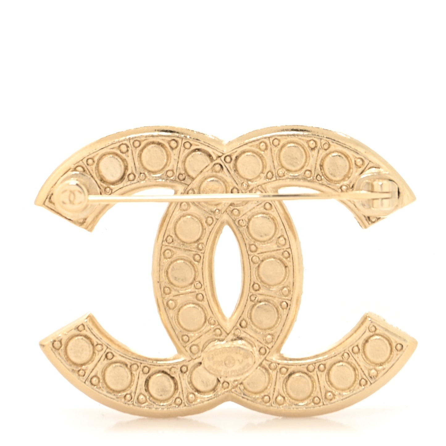 Metal Crystal Graduated Pearl CC Brooch Gold