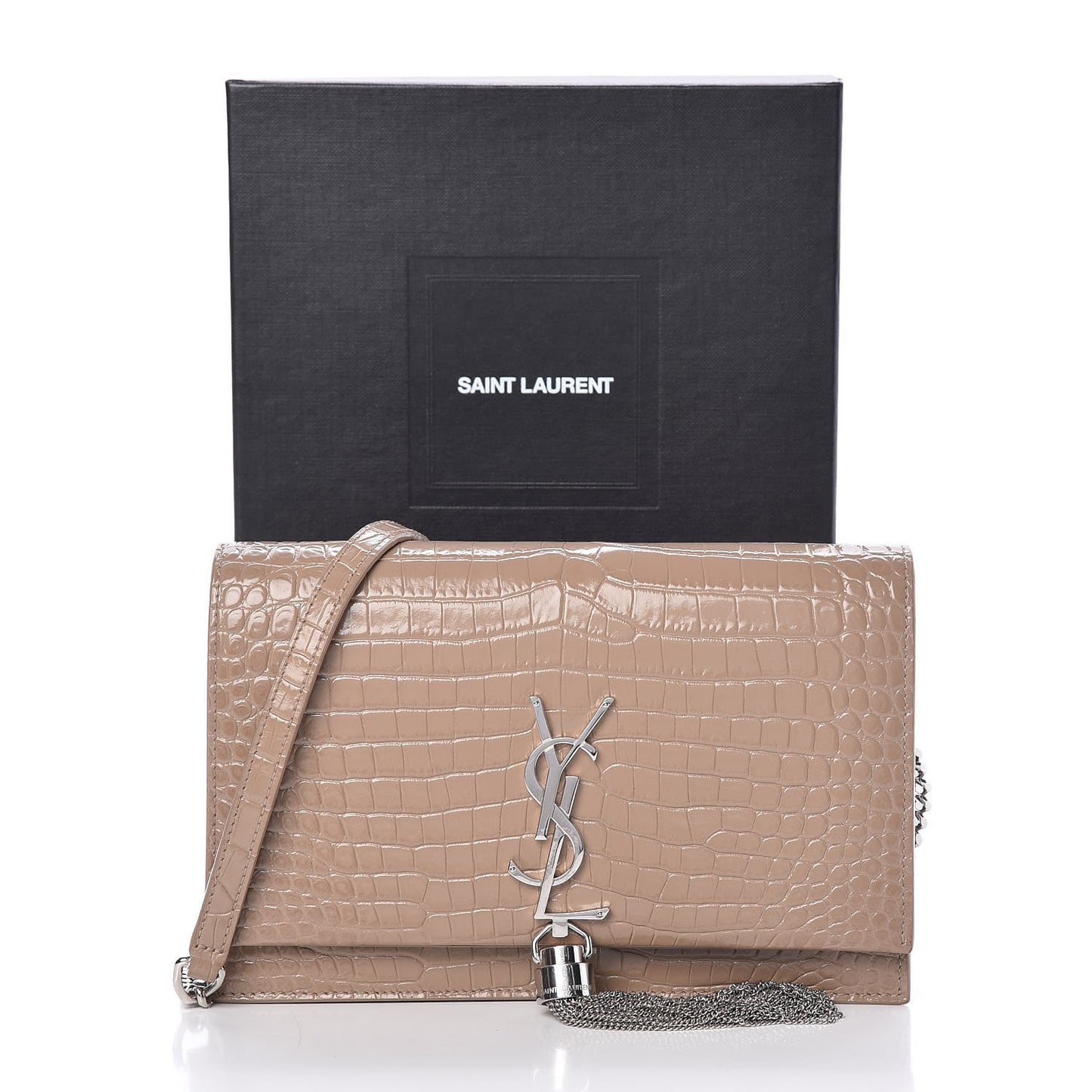 Calfskin Crocodile Embossed Kate Monogram Tassel Chain Wallet Taupe