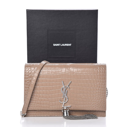 Saint Laurent Calfskin Crocodile Embossed Kate Monogram Tassel Chain Wallet Taupe 12 of 12