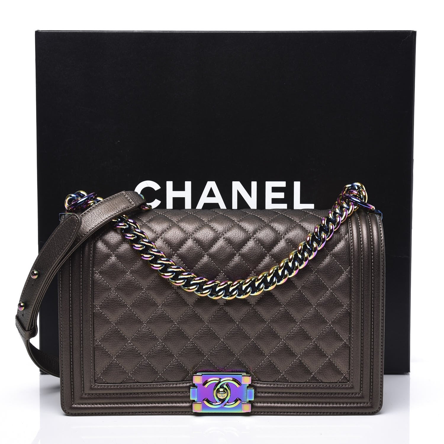 Chanel Iridescent Goatskin Quilted New Medium Boy Flap Dark Gold 10 of 10