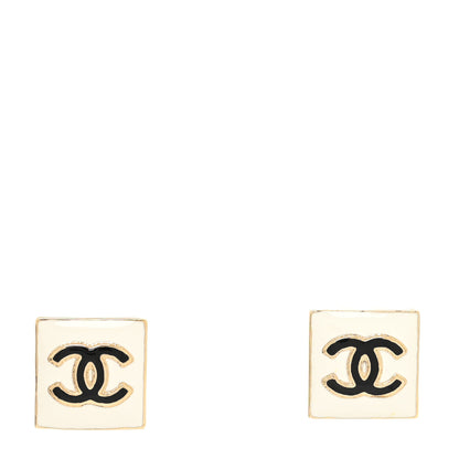 Chanel Metal Enamel CC Square Earrings Gold Black White 1 of 4