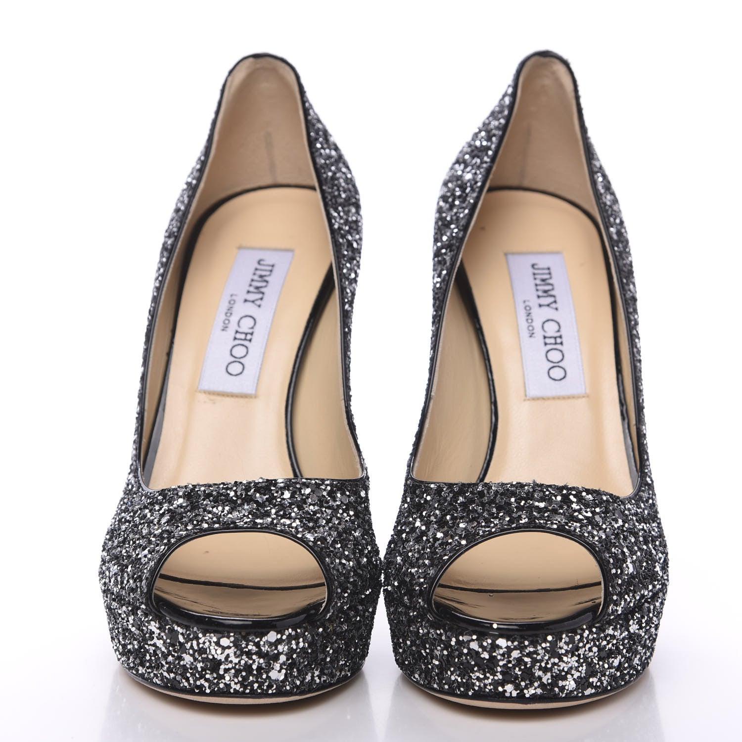 Jimmy Choo Coarse Glitter Crown 120 Peep Toe Platform Pumps 35 Silver Black 2 of 7