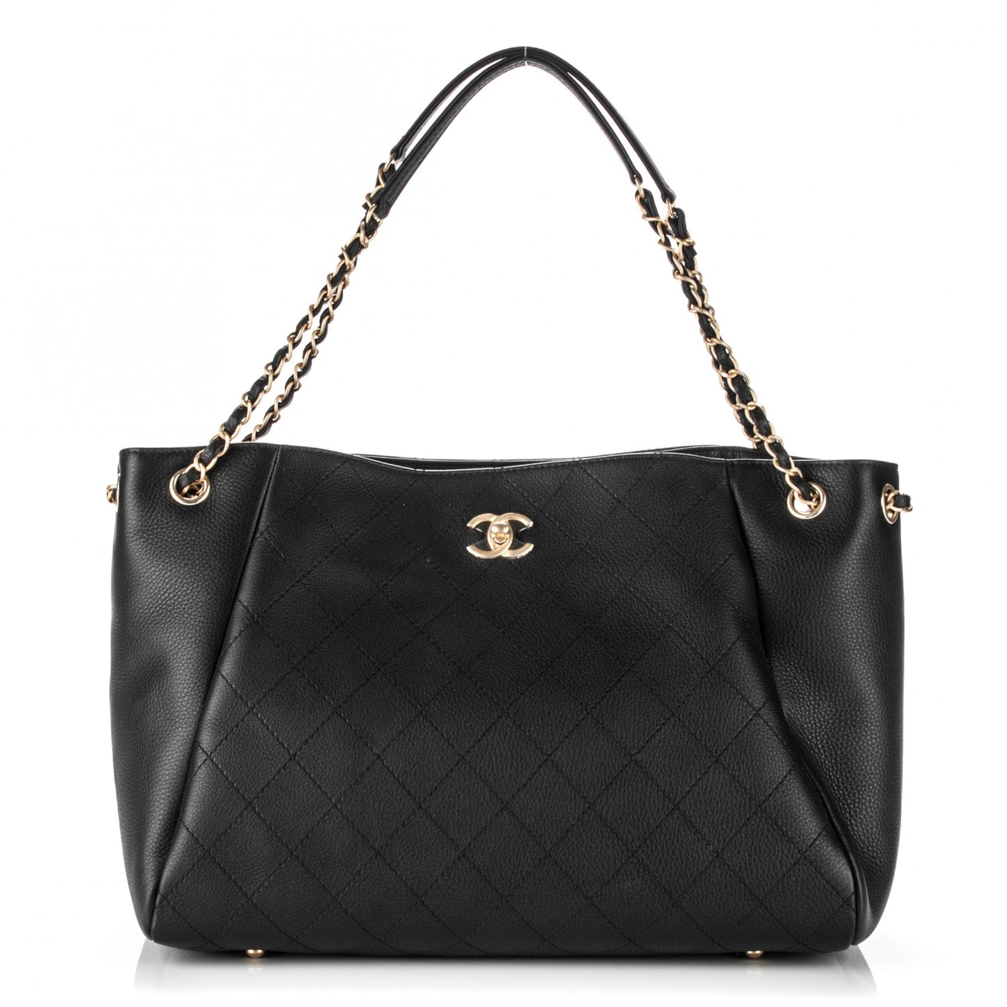 Grained Calfskin Quilted Large Supple Rock Shopping Tote Black
