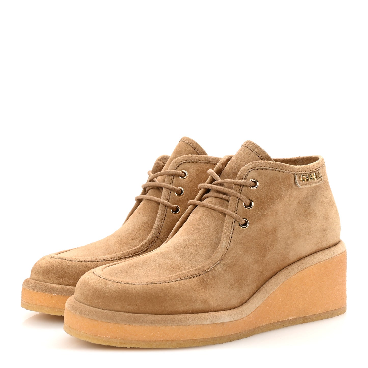 Suede Calfskin Lace Up Wedge Booties 40.5 Beige