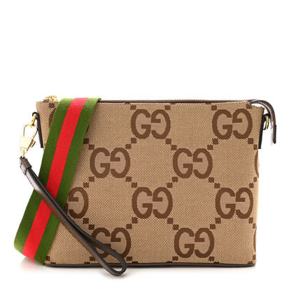 Gucci Monogram Jumbo GG Textured Dollar Calfskin Web Wristlet Messenger Bag Camel Ebony New Acero 1 of 9