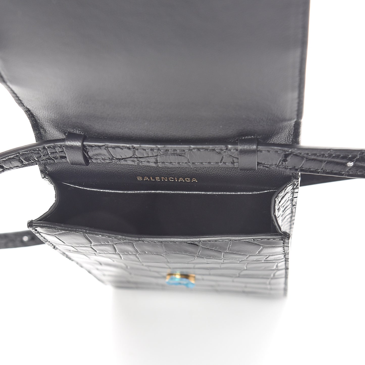 Shiny Calfskin Crocodile Embossed B Phone Holder Black