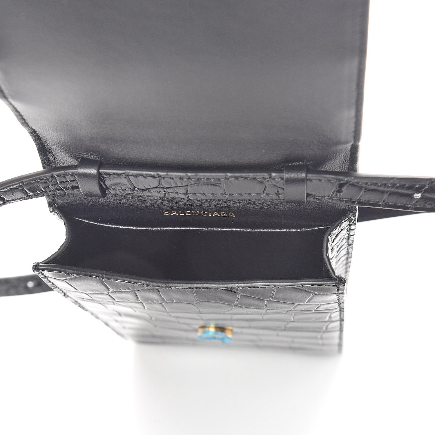 Balenciaga Shiny Calfskin Crocodile Embossed B Phone Holder Black 4 of 7