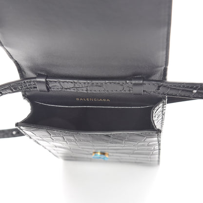 Balenciaga Shiny Calfskin Crocodile Embossed B Phone Holder Black 4 of 7