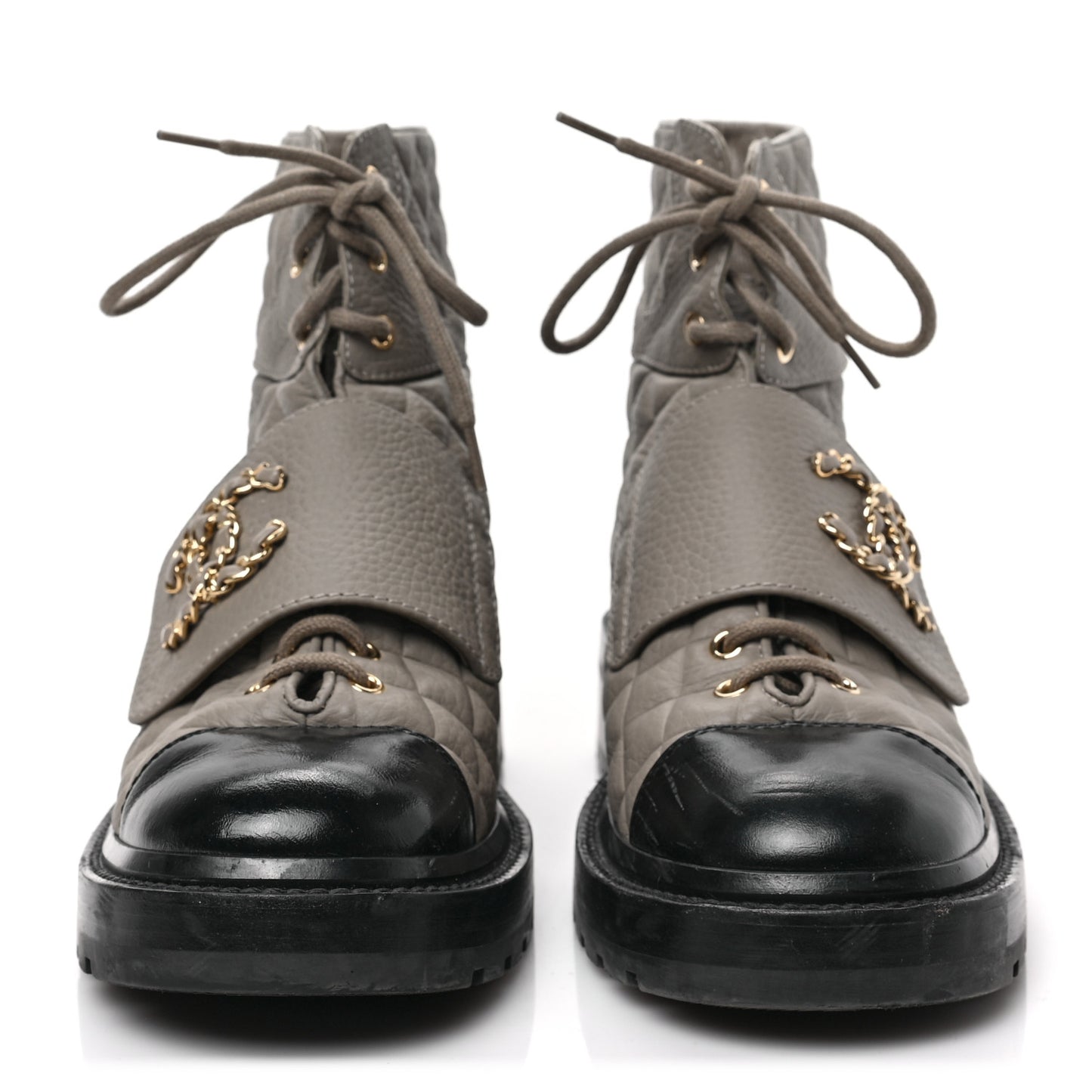 Calfskin Shiny Calfskin Quilted Lace Up Combat Boots 40 Dark Beige Black