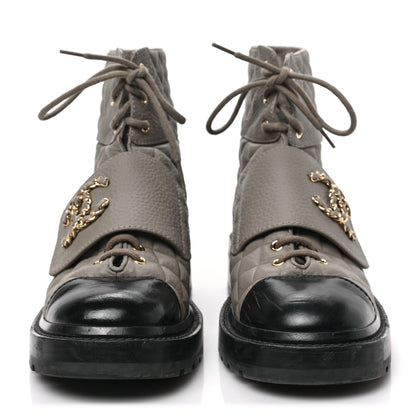 Chanel Calfskin Shiny Calfskin Quilted Lace Up Combat Boots 40 Dark Beige Black 2 of 7
