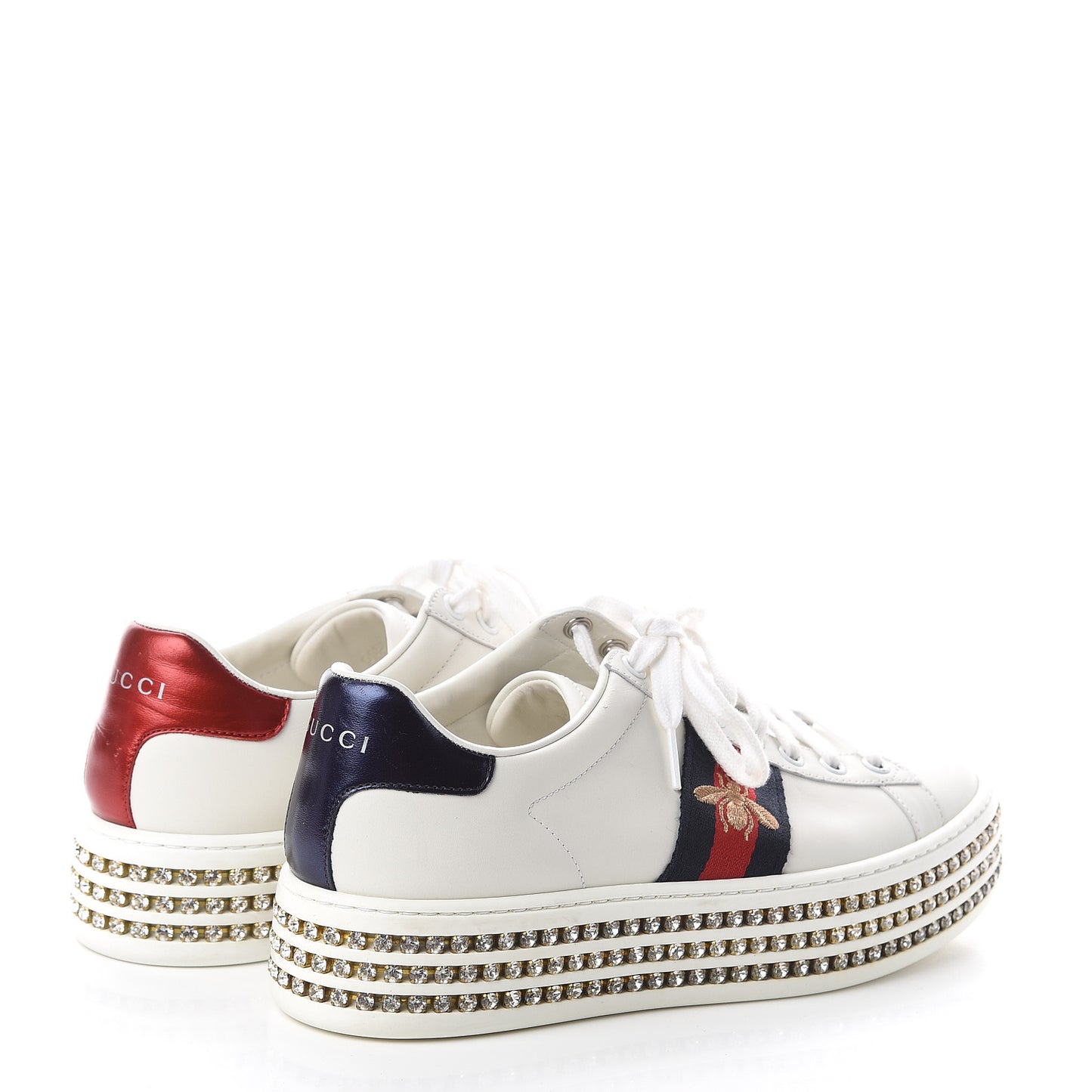Calfskin Crystal Web Bee Embroidered Womens Ace Platform Sneakers 37 White