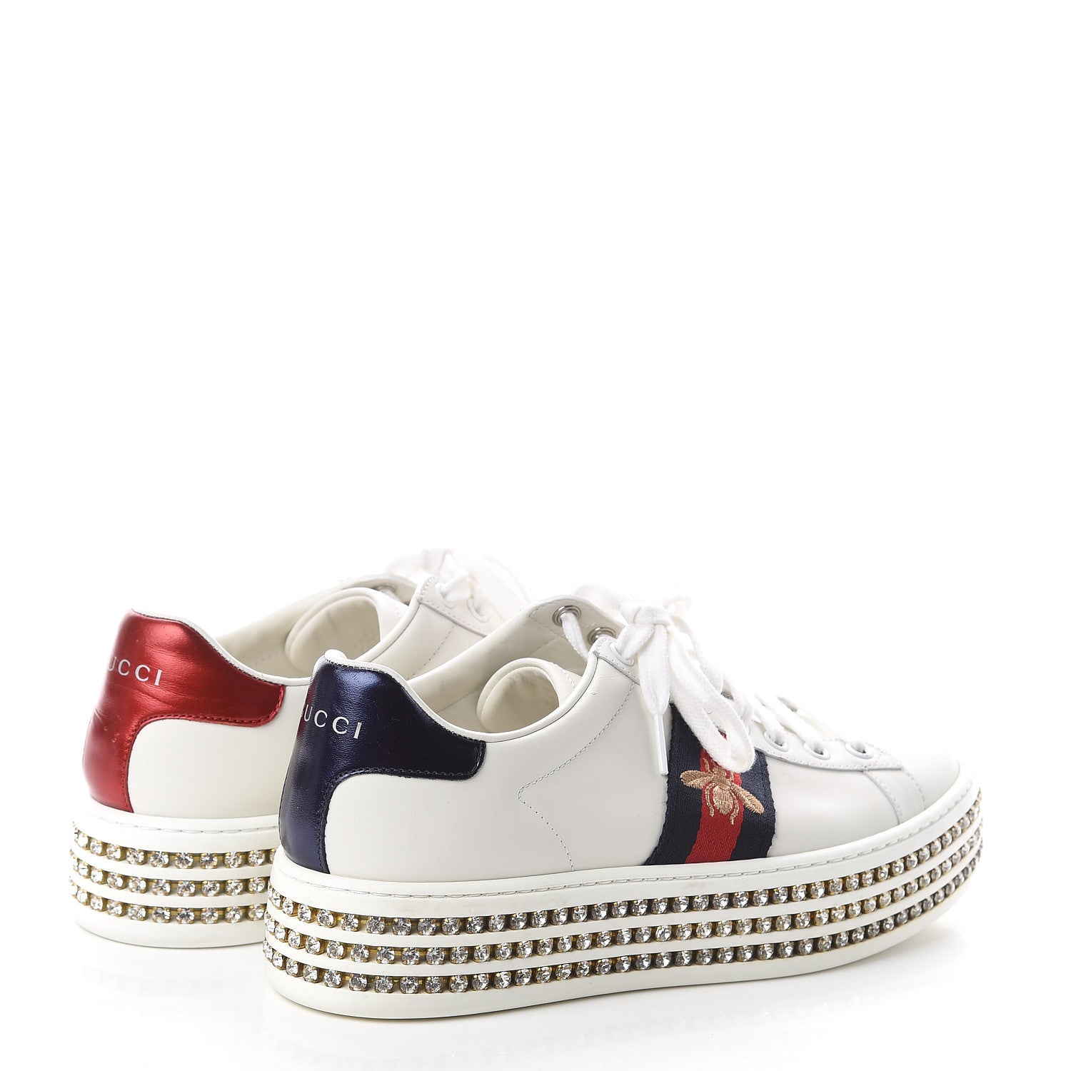Gucci Calfskin Crystal Web Bee Embroidered Womens Ace Platform Sneakers 37 White 4 of 7