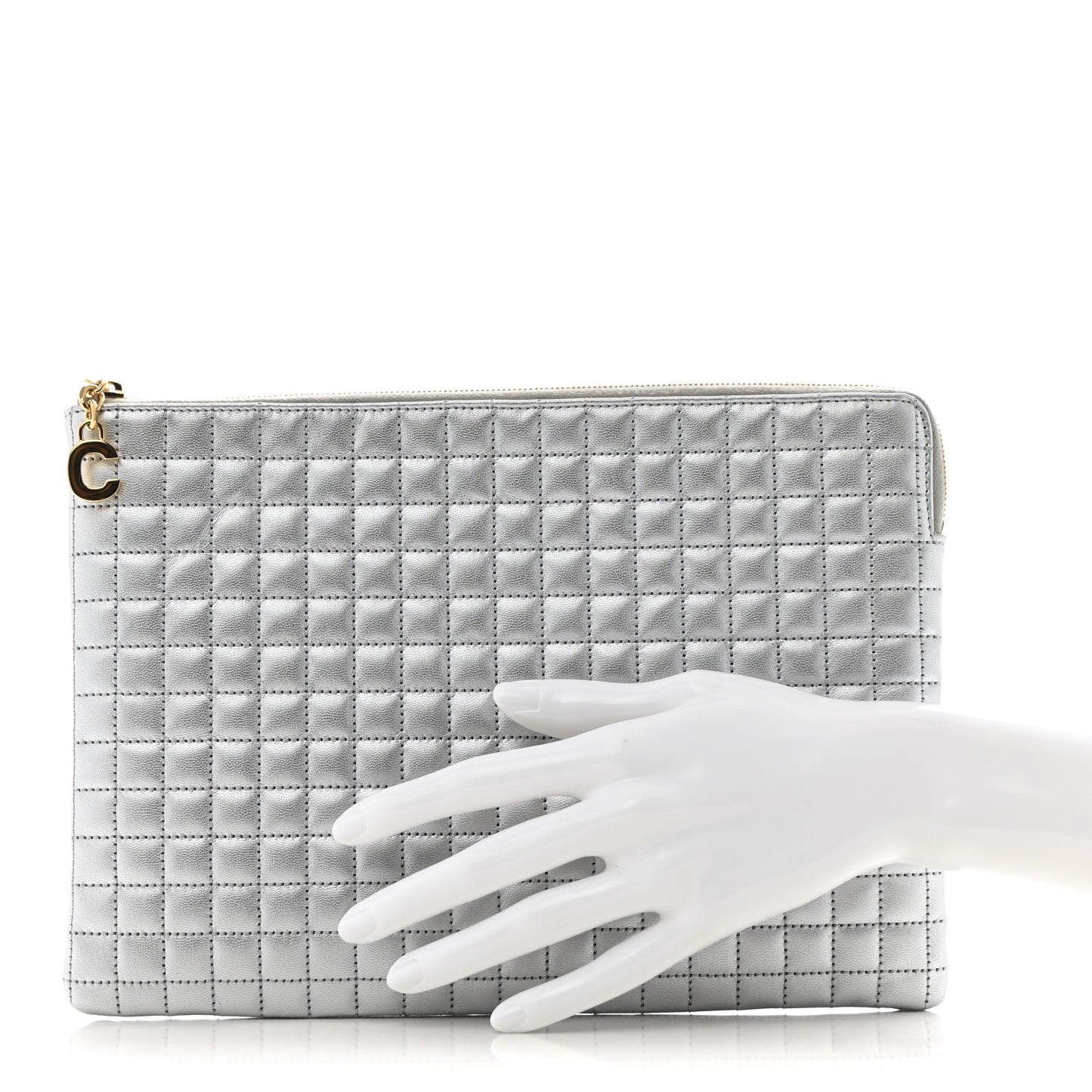 Laminated Calfskin Quilted C Charm Pouch Silver