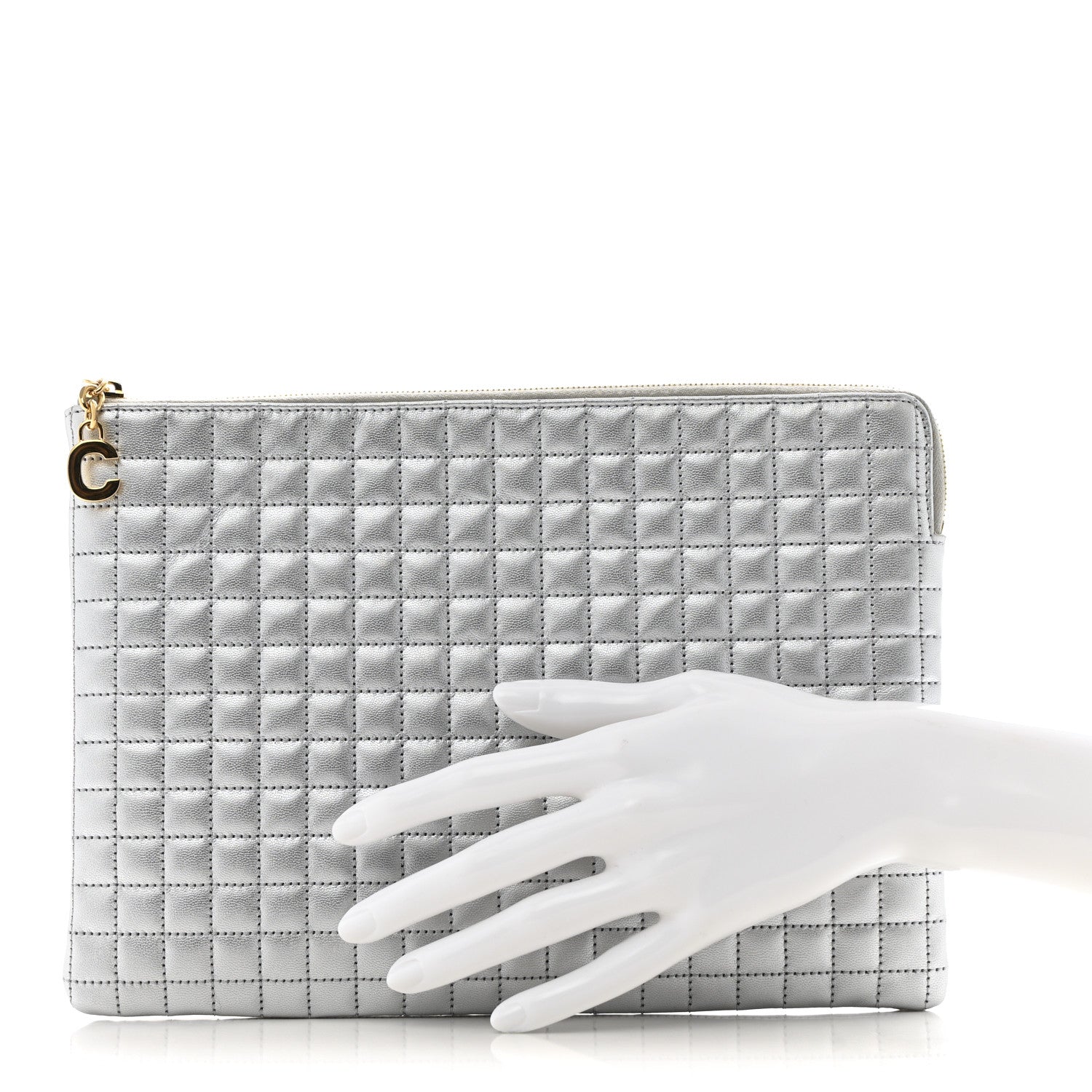 Celine Laminated Calfskin Quilted C Charm Pouch Silver 2 of 6