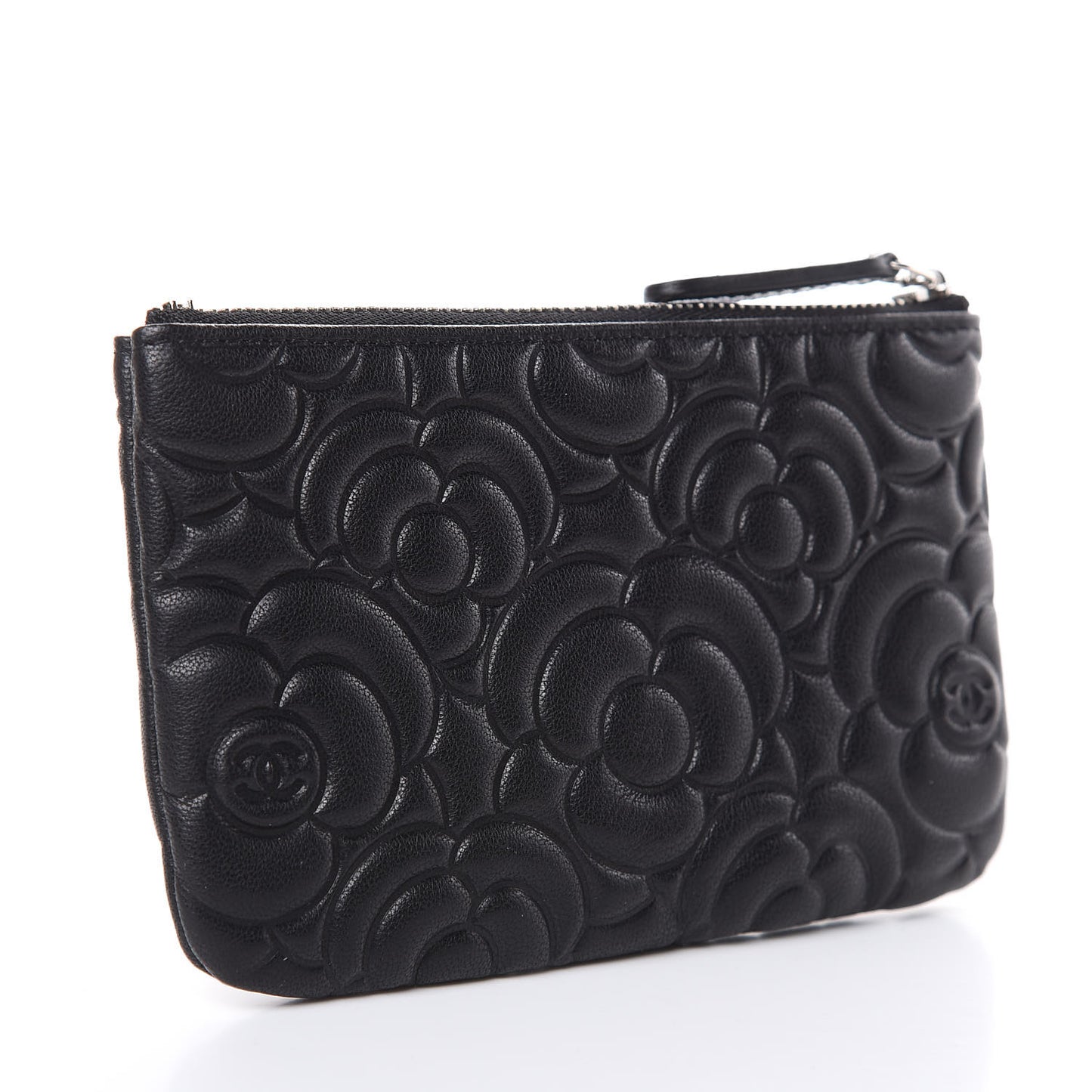 Goatskin Camellia Embossed Cosmetic Pouch Black