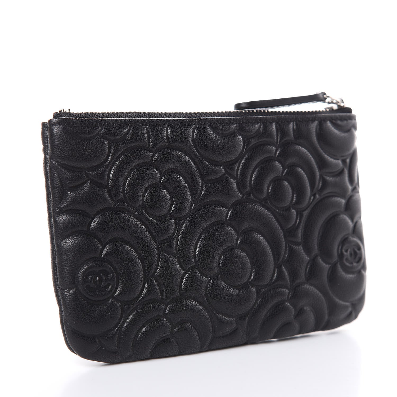 Chanel Goatskin Camellia Embossed Cosmetic Pouch Black 3 of 8