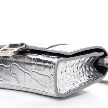 Balenciaga Metallic Calfskin Crocodile Embossed Hourglass Chain Bag Silver 7 of 11